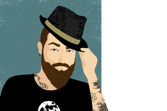 An attractive tattooed man wearing a grunge moon shirt and tipping a fedora hat. With patterns, textures, and copy space
