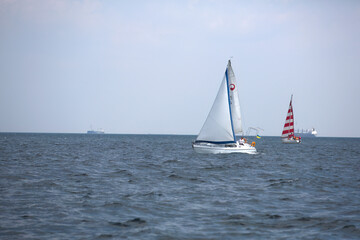 Fototapeta premium Sailing yacht regatta. Sailboats under sail in the race. Yachting. Luxury yachts.