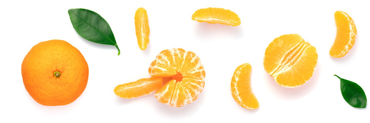 Whole and cut mandarins isolated on white background.