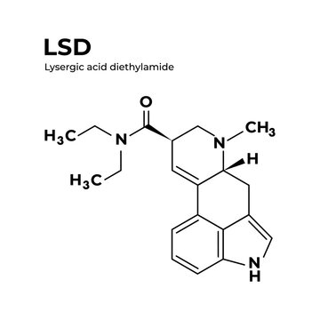 LSD lysergic acid diethylamide, phychedelic drug flat chemical formula isolated on white background