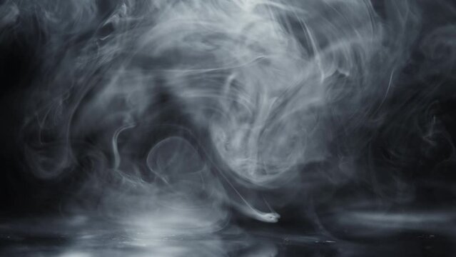 Smoke background. Vapor cloud. Reveal transition. Transparent gray gas. White fume swirl motion on dark night black abstract texture.