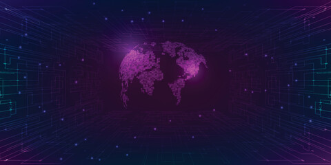 Vector illustrations of Abstract purple blue futuristic world digital economic or metaverse with glowing particles around.Digital communication and innovation technology concepts.