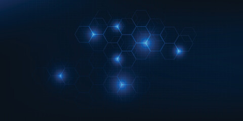 Vector illustration of futuristic blue hexagon network with glowing effect.Digital communication innovation and technology concepts.