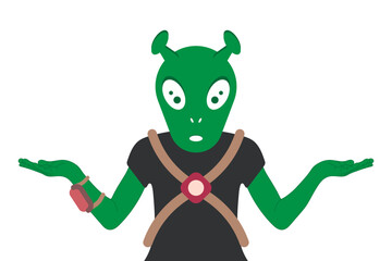 Alien put his hands out to the sides. Concept of choice and decision making. UFO day. Green alien in uniform with gadgets. Vector Flat illustration isolated on white background.