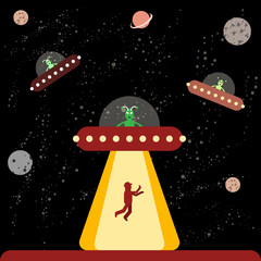 UFO kidnaps a man. Aliens attack vector illustration. Aliens abduct a person. Spaceship UFO beam of light in the night sky. UFO day. Aliens on the planet earth. Newcomer are attacking planet earth.