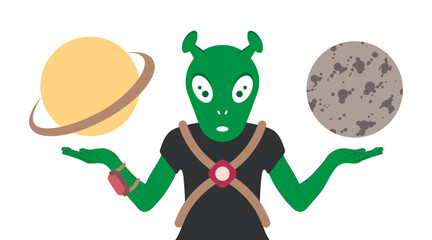 Alien holds different planets in his hands and chooses which planet to capture. Concept of choice and decision making. UFO day. Alien put his hands out to the sides. Vector Flat illustration.