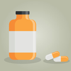 Medical orange bottle  with label. Pills in capsules. Flat vector illustration