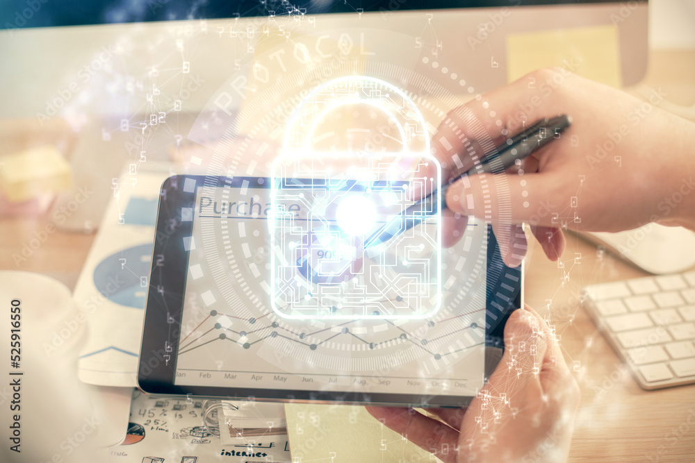 Aufkleber Multi exposure of man's hands holding and using a digital device and lock drawing. Security concept.