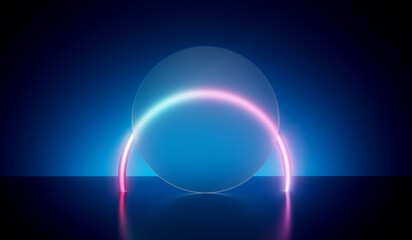 Abstract geometric minimal frosted glass and neon product display showcase background. 3D Render