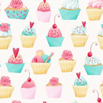 Seamless pattern of watercolor cakes decorated with cherries, hearts, roses and cream. Stock illustration.