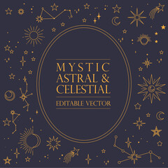 Fototapeta na wymiar Astral celestial frame with stars, hands, sun, moon phases, and copy space. Mystic design. Ornate magical banner with a place for text. Linear geometric border