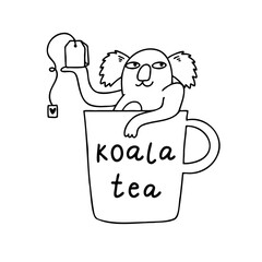 Cartoon koala in the cup of tea illustration. Fresh tea background. © aliaross