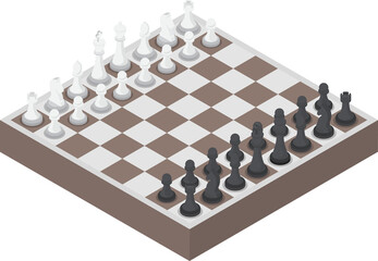 Isometric chess piece or chessmen with board, competition, business strategy concept