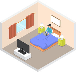 Flat 3d isometric businessman working on his laptop on the bed in bedroom, hard working concept