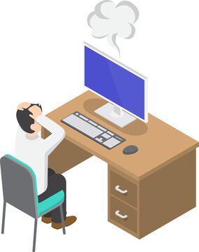 Flat 3d isometric businessman having problems when his computer show blue screen error, computer and operating system failure error concept