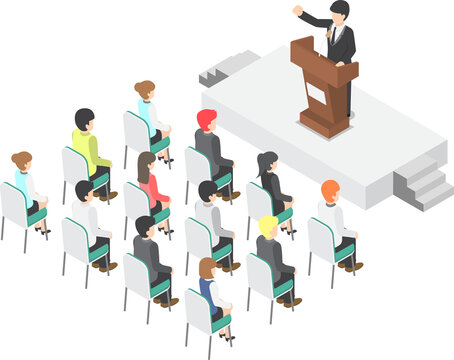 Isometric businessman speaking at a podium in a conference, public speaker, business meeting concept