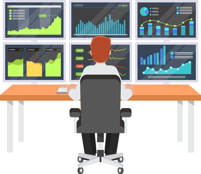 Businessman or stock market trader working at desk with six monitor showing data.