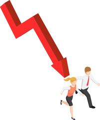 Flat 3d isometric businessman and businesswoman runaway from falling graph. Financial crisis concept.