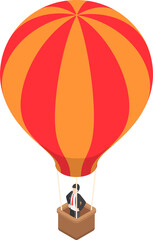 Flat 3d isometric businessman standing on hot air balloon in sky.