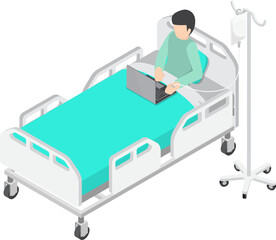 
Flat 3d Isometric Businessman Working on Hospital Bed with Saline Solution On Patients Hand, Work Hard and Workaholic Concept