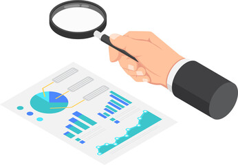 Flat 3d isometric businessman hand use magnifying glass to check reports. Business and finance data analysis concept.