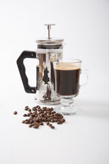 Small cup of coffee machine beans grains gourmet beverage waking up breakfast
