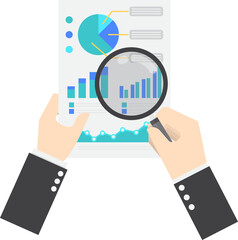 Businessman hands holding a magnifying glass and analysing the data, Data analysis concept, VECTOR, EPS10