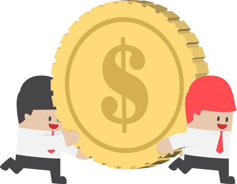 Businessman Help His Friend Carrying Big Money Coin, VECTOR, EPS10