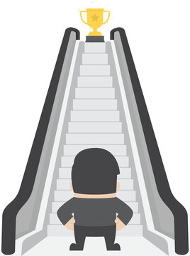 Businessman standing in front of escalator that leads the trophy, Shortcut to success