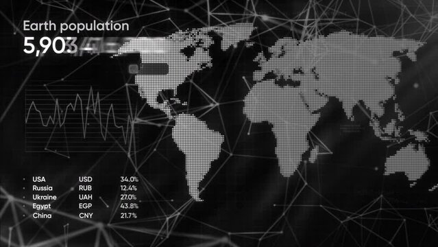 Gray and green graph. Motion.Shown is a world map with a population that is shown in numbers in each country in 3d animation.