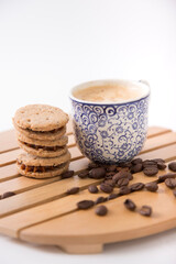 Small cup of coffee machine beans grains gourmet beverage waking up breakfast