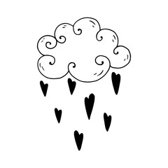 Doodle sketch of an air cloud with heart-shaped raindrops.Vector graphics.
