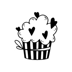 Doodle sketch of a festive muffin, cupcake with cream and hearts.Vector graphics.