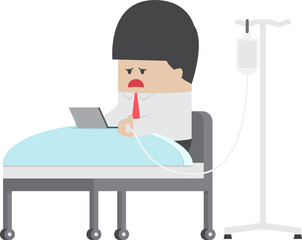 Sick businessman working hard in hospital bed