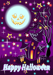 A haunted house and a full moon on a dark purple abstract background. A banner with a greeting or invitation to a Halloween party. Postcard design, cover, background, wallpaper, posters. 