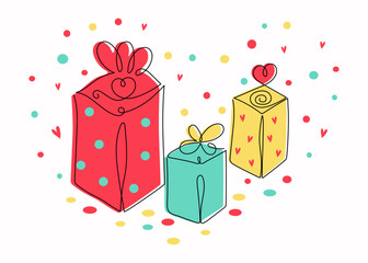 Gift boxes drawings. Line art. Beautiful holiday packaging drawn with one line. Heart shape. Holiday, Birthday, Vector illustration on isolated background.