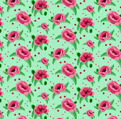 Fototapeta premium Seamless floral pattern of red poppies with green leaves on a light background. Design for backgrounds, textiles, wallpapers, prints, web design, paper packaging, postcards. Vector illustration