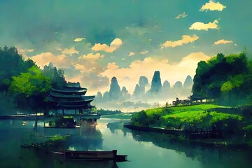 Fototapeta premium Beautiful China Huangshan Landscape, mountains river