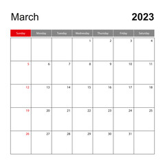 Wall calendar template for March 2023. Holiday and event planner, week starts on Sunday.