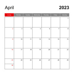 Wall calendar template for April 2023. Holiday and event planner, week starts on Sunday.