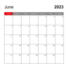 Wall calendar template for June 2023. Holiday and event planner, week starts on Sunday.