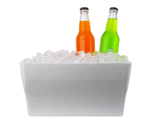 Cooler with ice and bottles of soda. Styrofoam Cooler box. White foam plastic cooler box for ice. Take cold beer, drink, food on the beach. Fridge container for picnic. Isolated on white background.