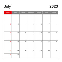 Wall calendar template for July 2023. Holiday and event planner, week starts on Sunday.