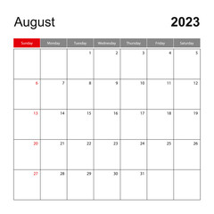 Wall calendar template for August 2023. Holiday and event planner, week starts on Sunday.