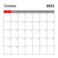 Wall calendar template for October 2023. Holiday and event planner, week starts on Sunday.