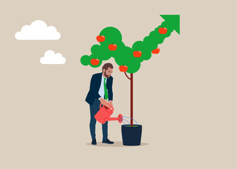 Businessman watering down arrow apple tree. Long-term investment strategy, income growth, business income increase, return on investment. Financial growth Investment strategy plan. 