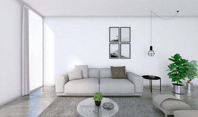 Interior view of a cozy living room with armchairs and cushions on a sunny day