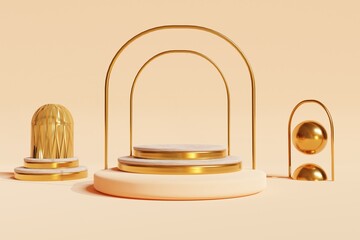 Marble and gold podium with shiny spherical objects. Luxury stand to show products. Stage showcase with modern golden metallic scene platform for presentation. Pedestal display. 3D rendering.