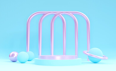 Pastel blue and pink podium with spherical objects sky blue background. Stand to show products. Stage showcase for presentation. Cute pedestal display. 3D rendering. Studio platform template.