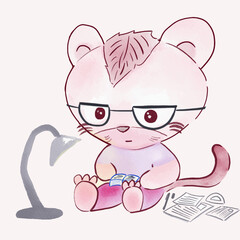 Cute kitten is reading a book. Birthday greeting cards, children's story book covers, children's room wallpapers, children's party invitation designs